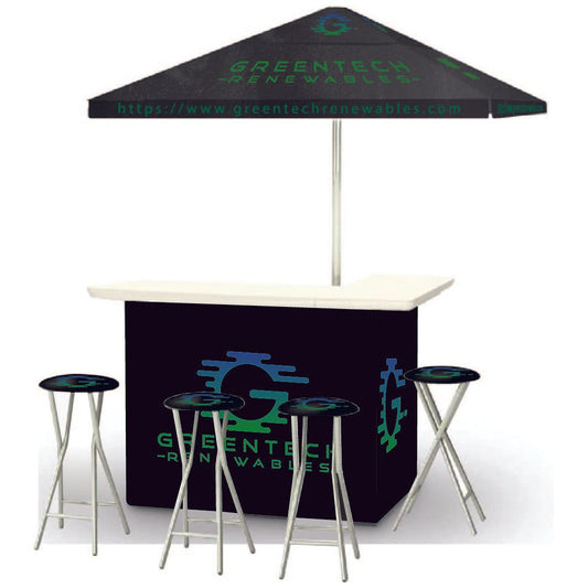 Custom portable pop up bar, umbrella, and stool set